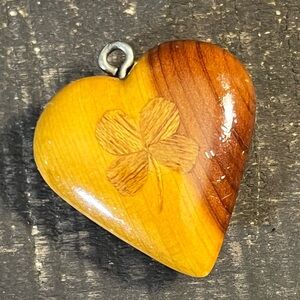 Vintage Handmade Wood Heart Pendant – Etched Shamrock –One of a Kind Boho Piece